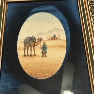 Vintage Framed Desert Camel Painting with Traveler - Blue and Tan